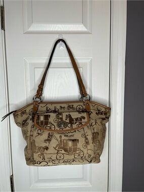 Coach Tan Canvas Carriage Print Shoulder Tote with Brown Trim